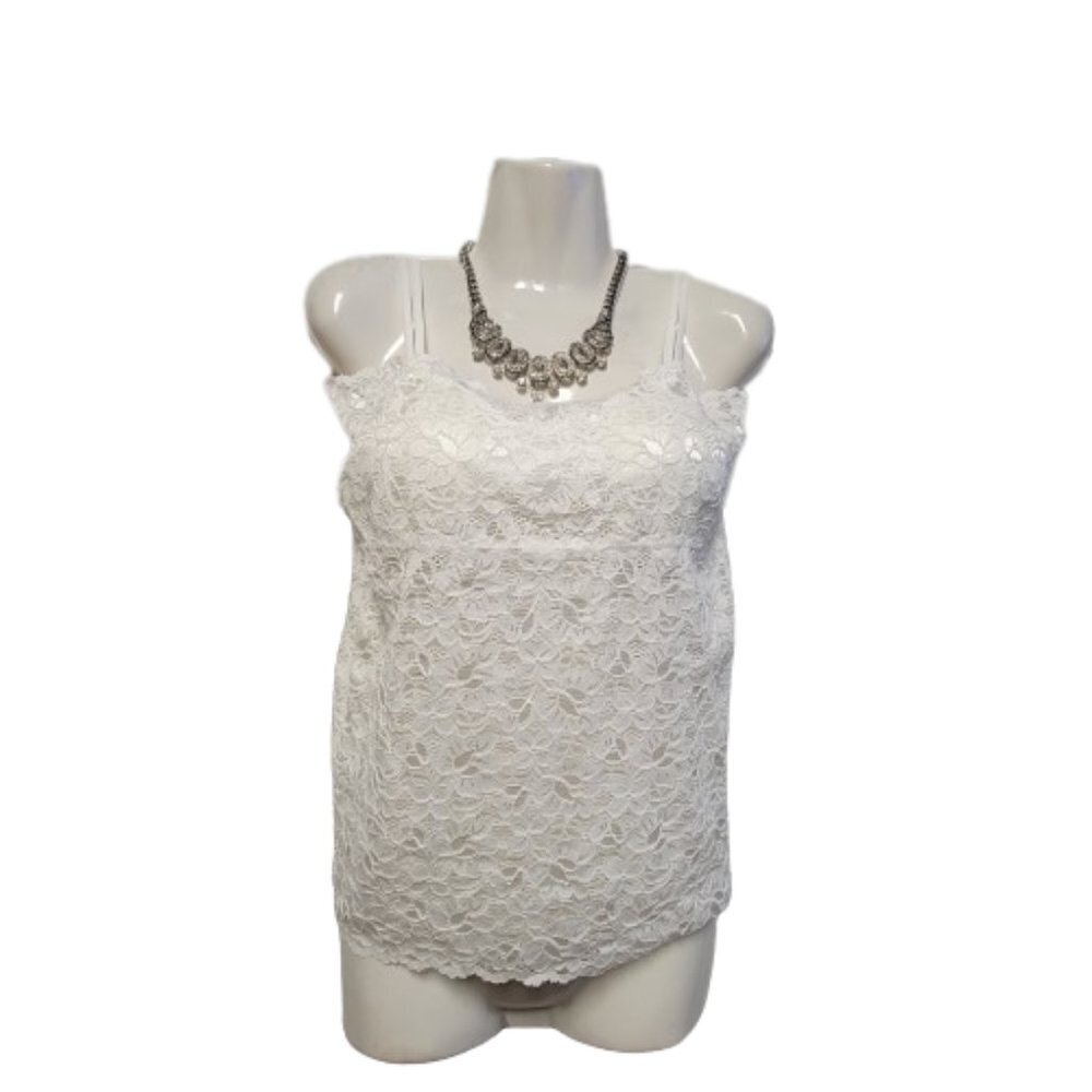 White Lace Long Camisole Lace Tank Top Stretchy Long Camisole - Size L- NEW